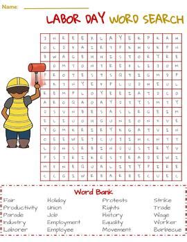 Labor Day Word Search Activity With Colored And Bw Options And An