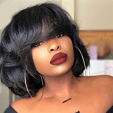 10inch Short Yaki Wavy Bob Human Hair Wig With Bangs 150 Density Short Cut Scalp