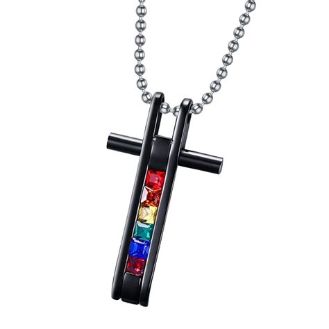 Buy Stainless Steel Gay Lesbian Lgbt Pride Pendant Rainbow Cross Black