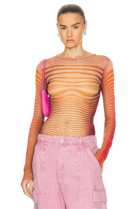 Jean Paul Gaultier Printed Morphing Stripes Long Sleeve Top In Red