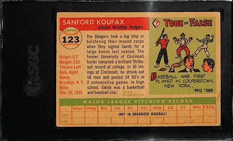 Lot Detail - 1955 Topps Sandy Koufax Rookie Card #123 Graded SGC 3.5