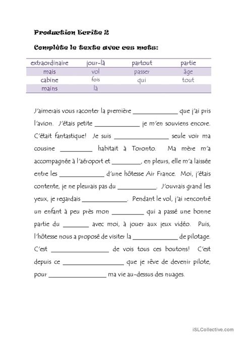 Texte à compléter 2 pratique de la g Français FLE fiches pedagogiques