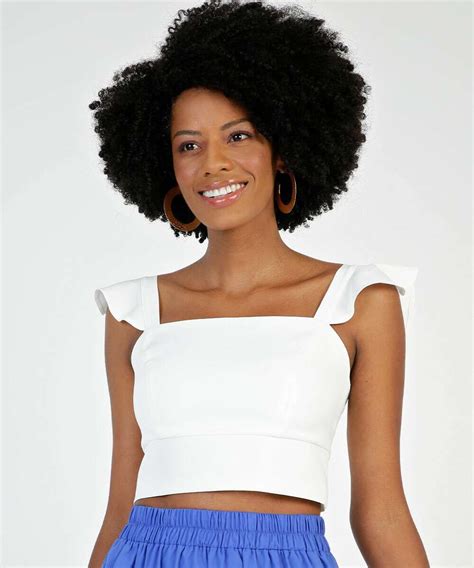 Blusa Cropped Feminina Crepe Babado Recorte Lastex Marisa Blusa