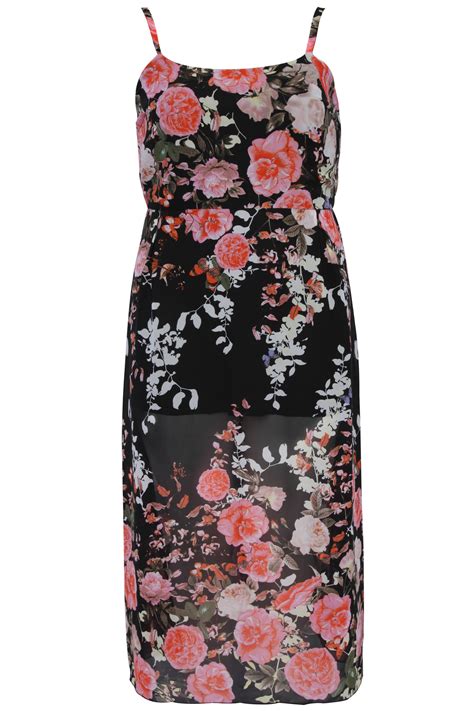 Black And Pink Floral Rose Print Maxi Dress With Chiffon Panels Plus