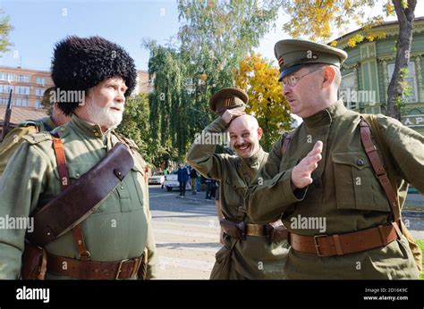 Historical festival dedicated to the events of the Russian civil war. A group of participants in ...