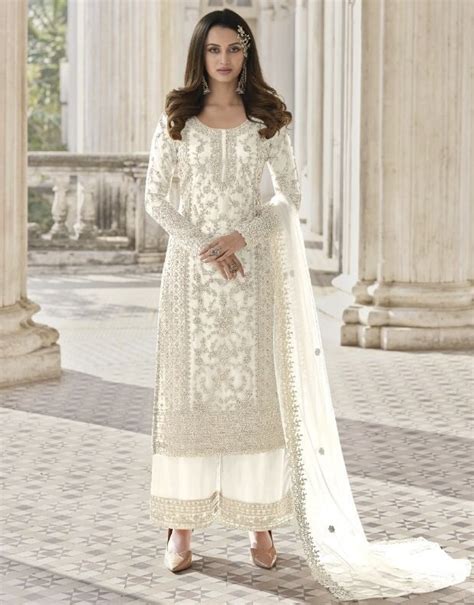 White Net Palazzo Suit Salwar Kameez Designer Collection