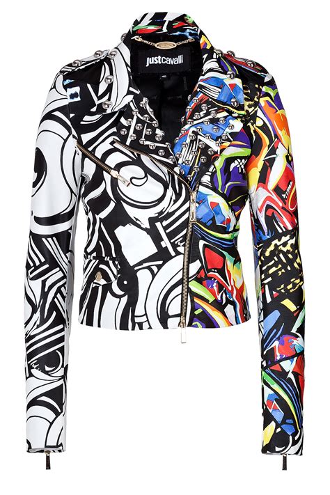 Just Cavalli Leather Graffiti Print Biker Jacket Lyst