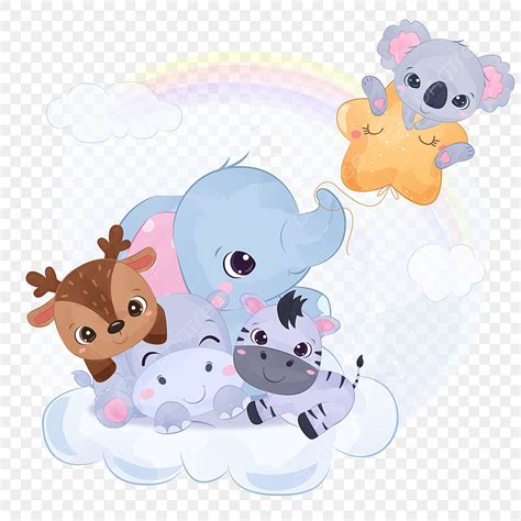 Lindos Animales Bebés Jugando Juntos PNG dibujos Ilustración Adorable