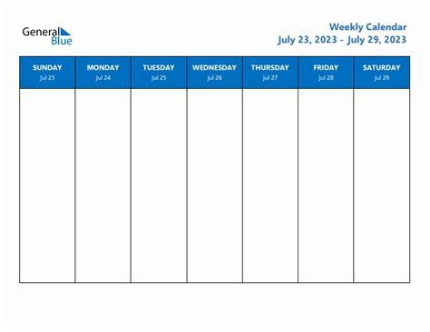 Weekly Calendar - July 23, 2023 to July 29, 2023 - (PDF, Word, Excel)