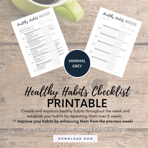 Daily Habit Tracker Printable Healthy Habits Checklist Minimal Grey