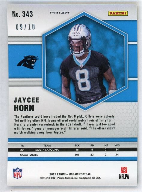 Jaycee Horn Panini Mosaic D Rookie Rc Gold No Huddle Carolina