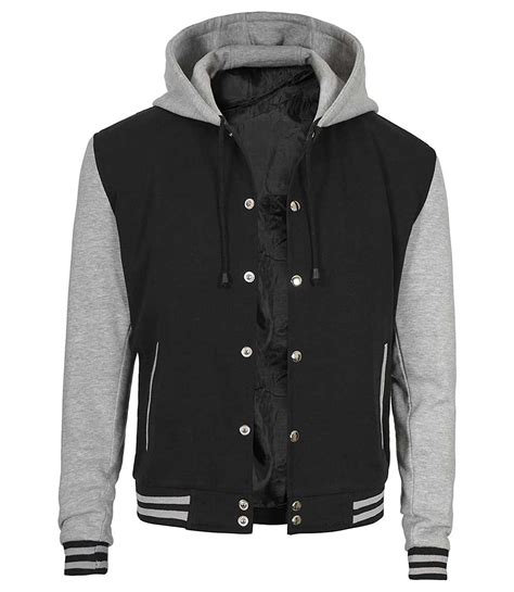 Black And Grey Varsity Jacket With Hood For Men