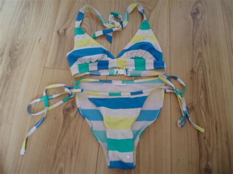 Atmosphere Blue White Yellow Green Stripy Halterneck Padded Bikini Size