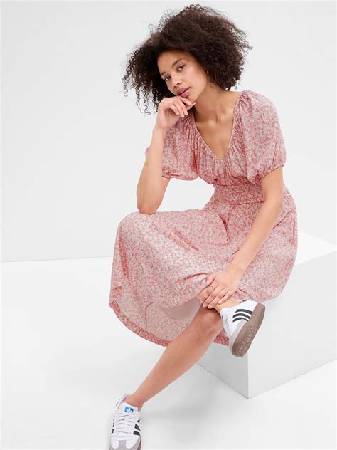 Smocked Puff Sleeve Midi Dress Gap Factory