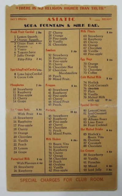 Vintage Restaurant Menu Asiatic Cafe Soda Fountain Bombay India Mumbai