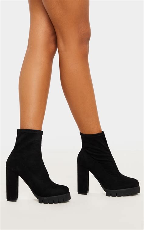 Black Cleated Platform Ankle Sock Boot Prettylittlething