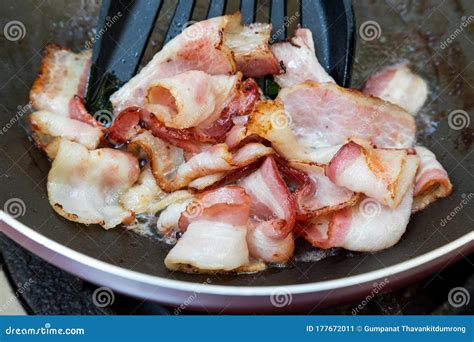 Frying Bacon In The Pan Chef Cooking Bacon Menu In The Restaurant