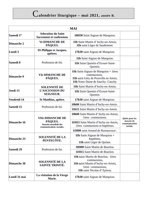 Calendrier Liturgique Du Mois De Mai 2021