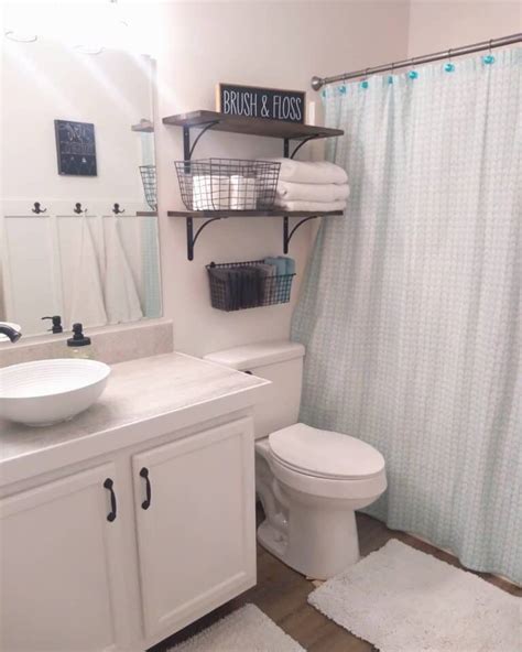 Simple Farmhouse Bathroom With Dark Wood Shelves Soul Lane