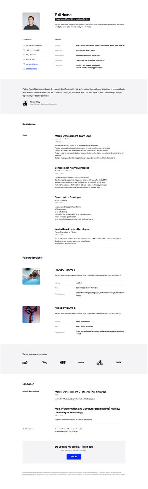 Free React Native Developer Resume Template