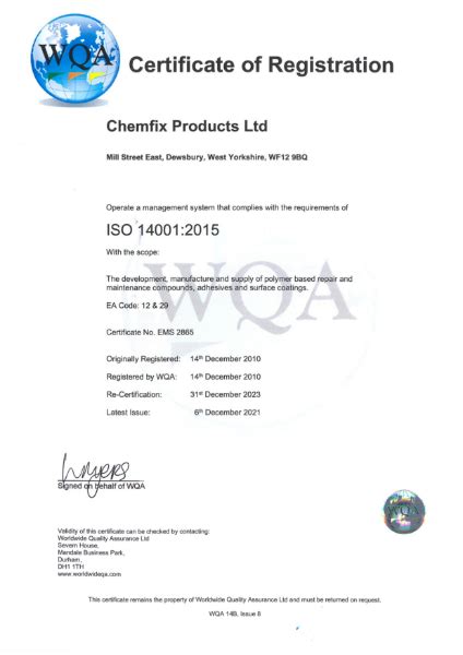 Iso 14001 Certificate Chemfix Products Ltd Nbs Source