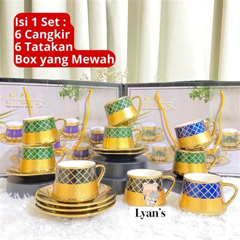 Jual Hampers Cangkir Tatakan Set Keramik Emas Kemenangan Souvenir Gelas