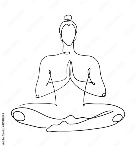 Continuous graphic drawing of one line. The meditating man sits in the ...