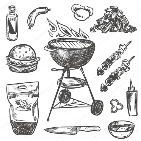 Bbq Grill Drawing Bbq Grill Sketch Set Hand Drawn Stock Vector