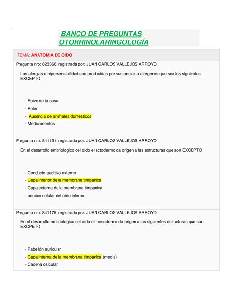 Banco Otorrino Todo L Tema Anatomia De Oido Pregunta Nro