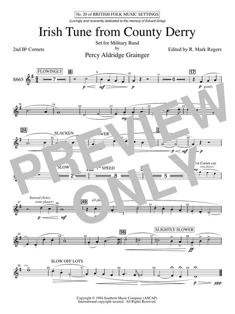 Irish Tune From County Derry Cornet Sheet Music Percy Grainger