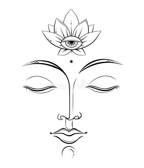 Detailed Line Art Drawing Of Buddha Face With Opened Lotus Flower On