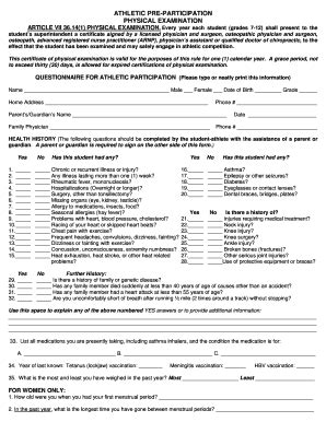 Fillable Online Athletic Pre Participation Physical Examination Fax