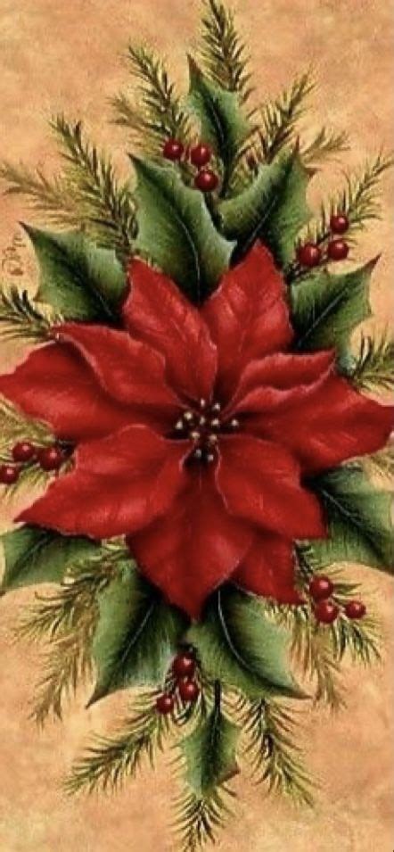 A Red Poinsettia With Green Leaves And Berries On It S Side