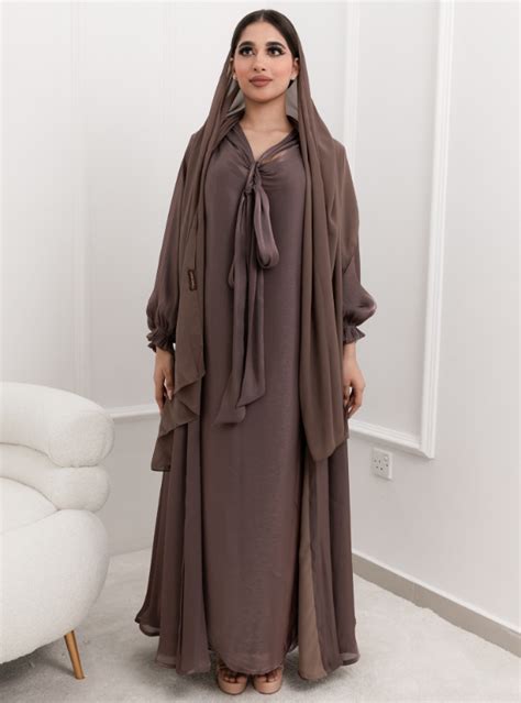 SHE21 Abaya Description Brown Shiny Organza Abaya With Ribbon And