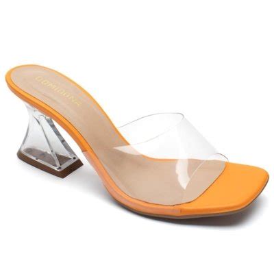 Sandália Feminina Salto Transparente Cristal Tira Vinil Laranja