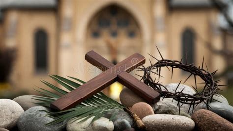 Wooden Cross With Crown Of Thorns On Stones Purple Background Stock