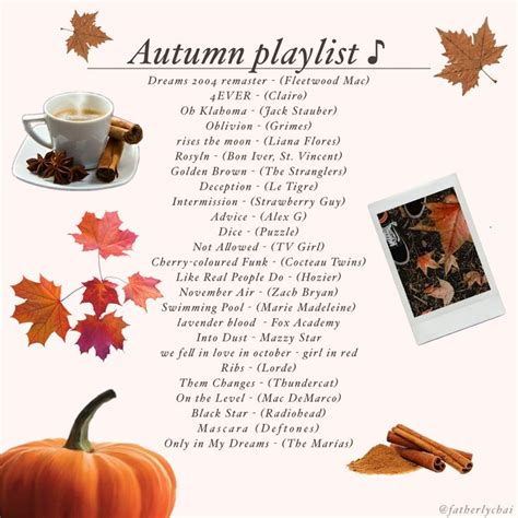 an autumn playlist with pumpkins, leaves and other items