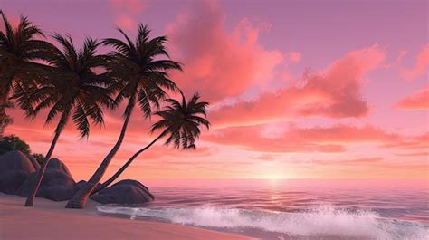 Premium AI Image | A beach with palm trees and a pink sky sunset