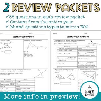 Geometry EOC End Of Year Review Bundle Activities Review Packet Cheat