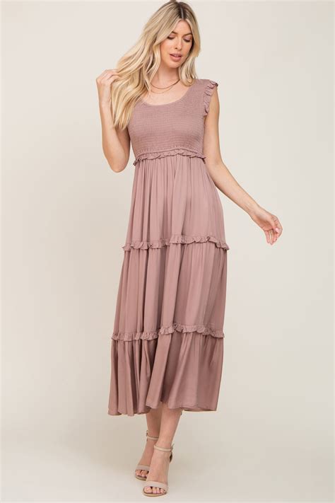 Taupe Smocked Ruffle Tier Maternity Maxi Dress Pinkblush