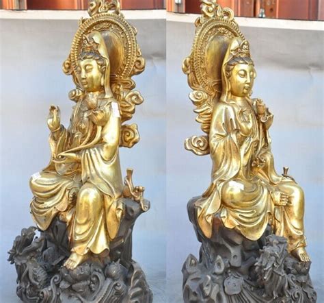 S Tibet Buddhism Fane Bronze Gilt Sit Dragon Kwan Yin