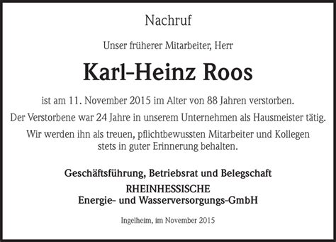 Traueranzeigen Von Karl Heinz Roos Vrm Trauer De