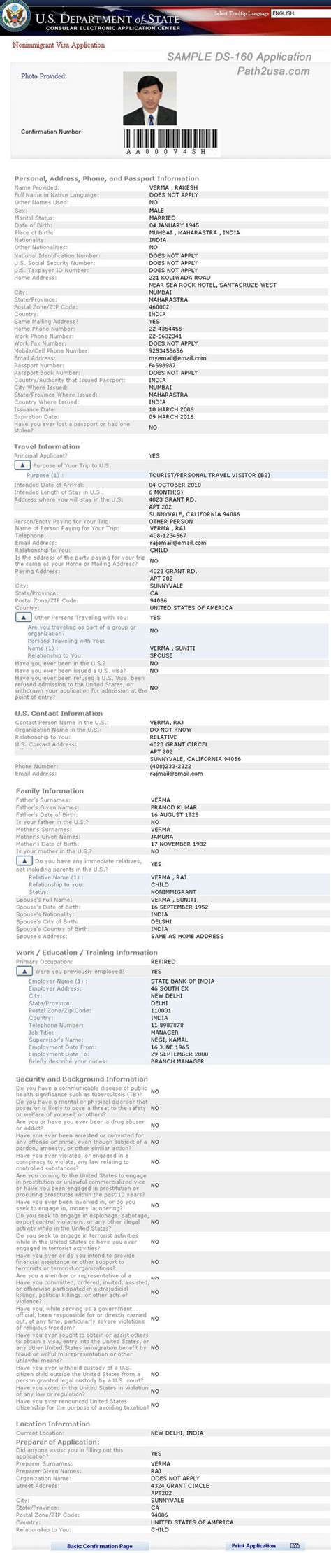 Sample Us Visa Application Form Ds 160