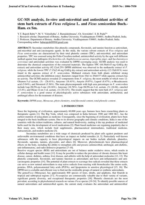 Pdf Gc Ms Analysis In Vitro Anti Microbial And Antioxidant