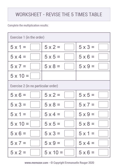 Free Multiplication Worksheets 5 Times Tables