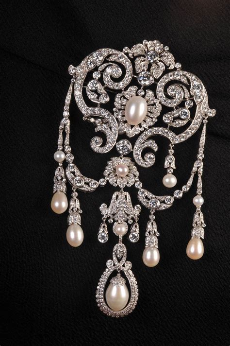 White Pearl Studded Diamond Stomacher Brooch For Women 925 Sterling