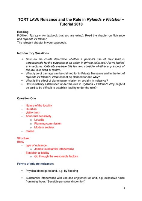 Tort Law 2018 Nuisance And Rylands Tutorial Tort Law Nuisance And