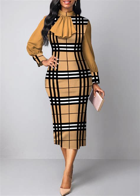 Plus Size Light Camel Patchwork Plaid Long Sleeve Bodycon Dress