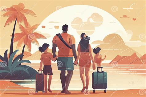 Ilustración Vectorial De Una Familia Feliz Dos Padres Y Su Hija Pequeña Yendo De Vacaciones A