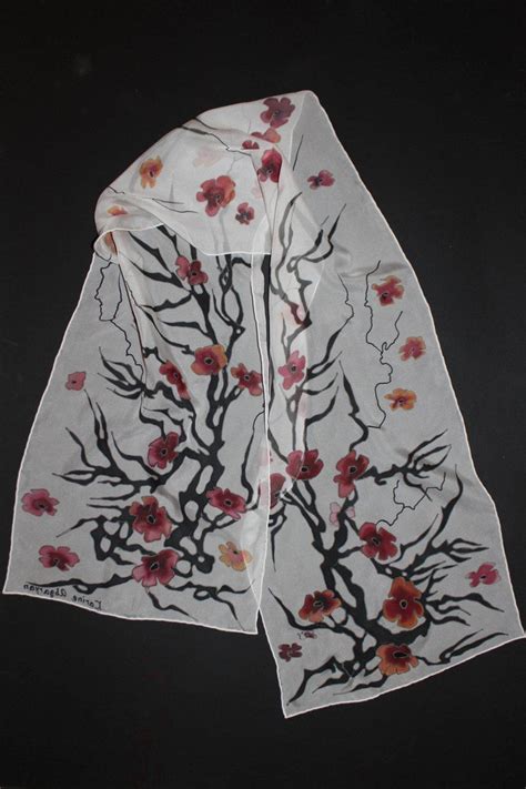 Hand Painted Cherry Blossom Scarflong Silk Scarfspring Etsy Hand